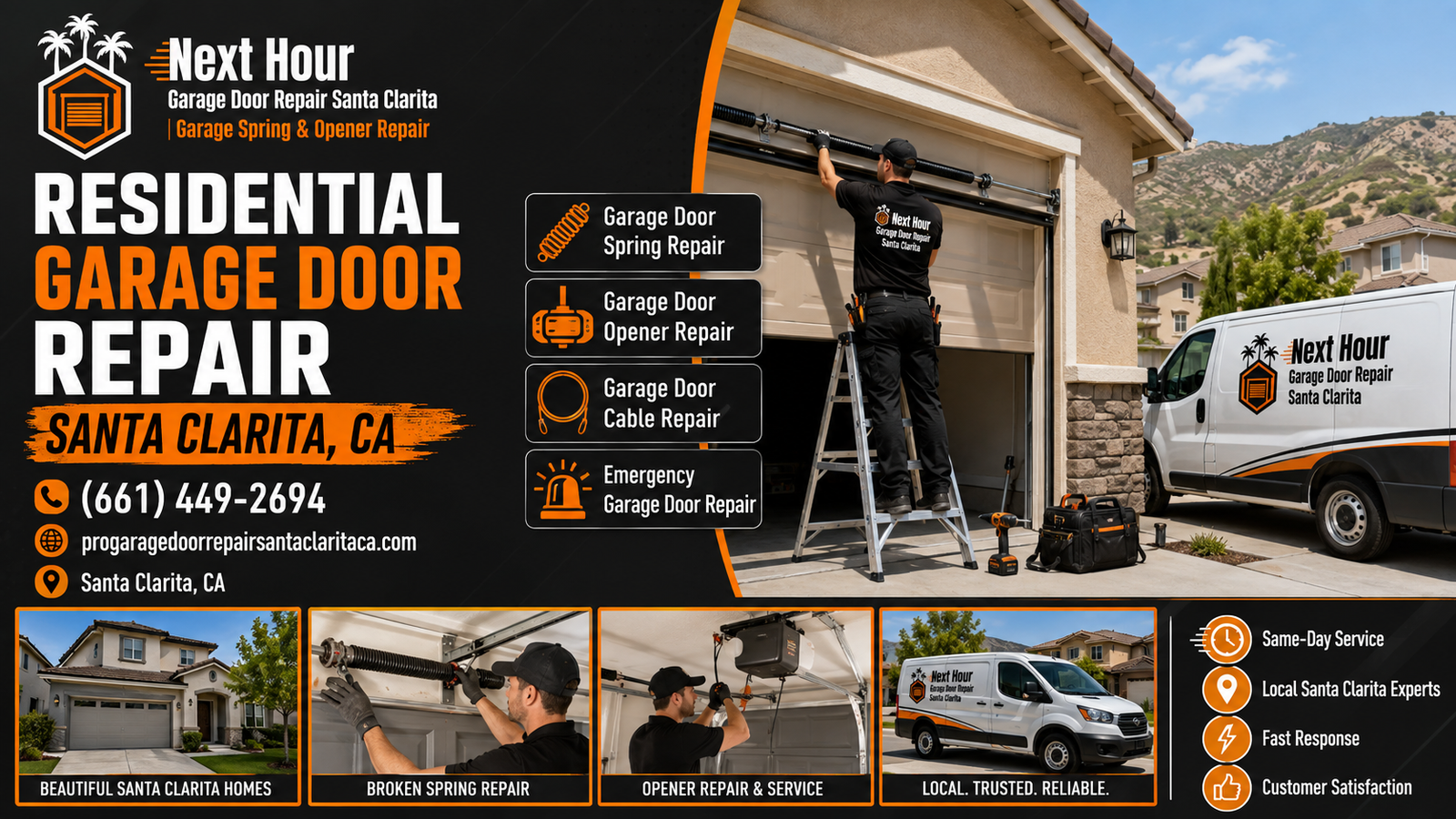 Residential garage door repair technician servicing a home garage door in Santa Clarita, California