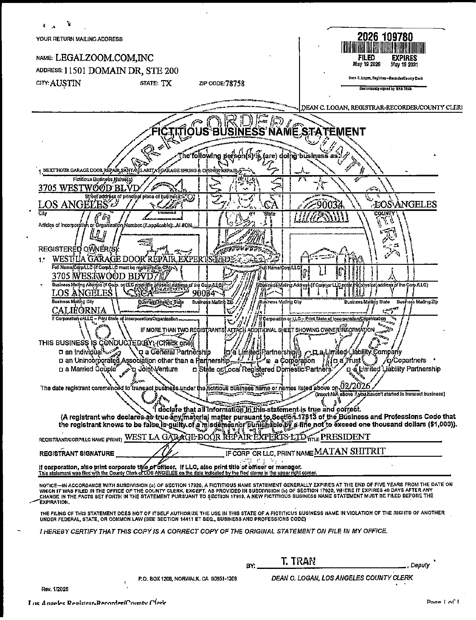 Next Hour Garage Door Repair business document page 1