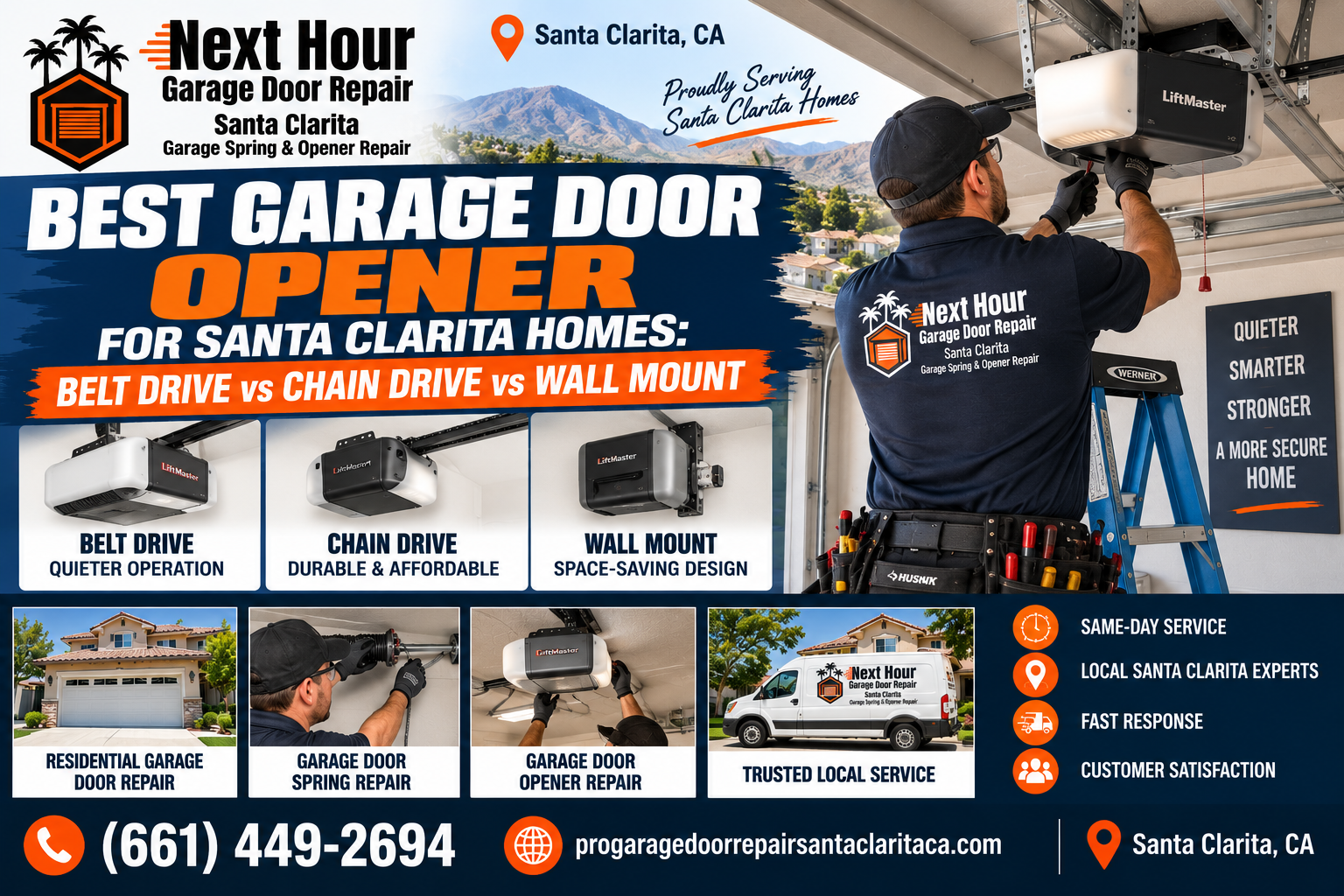 Best garage door opener for Santa Clarita homes comparison of belt drive chain drive and wall mount