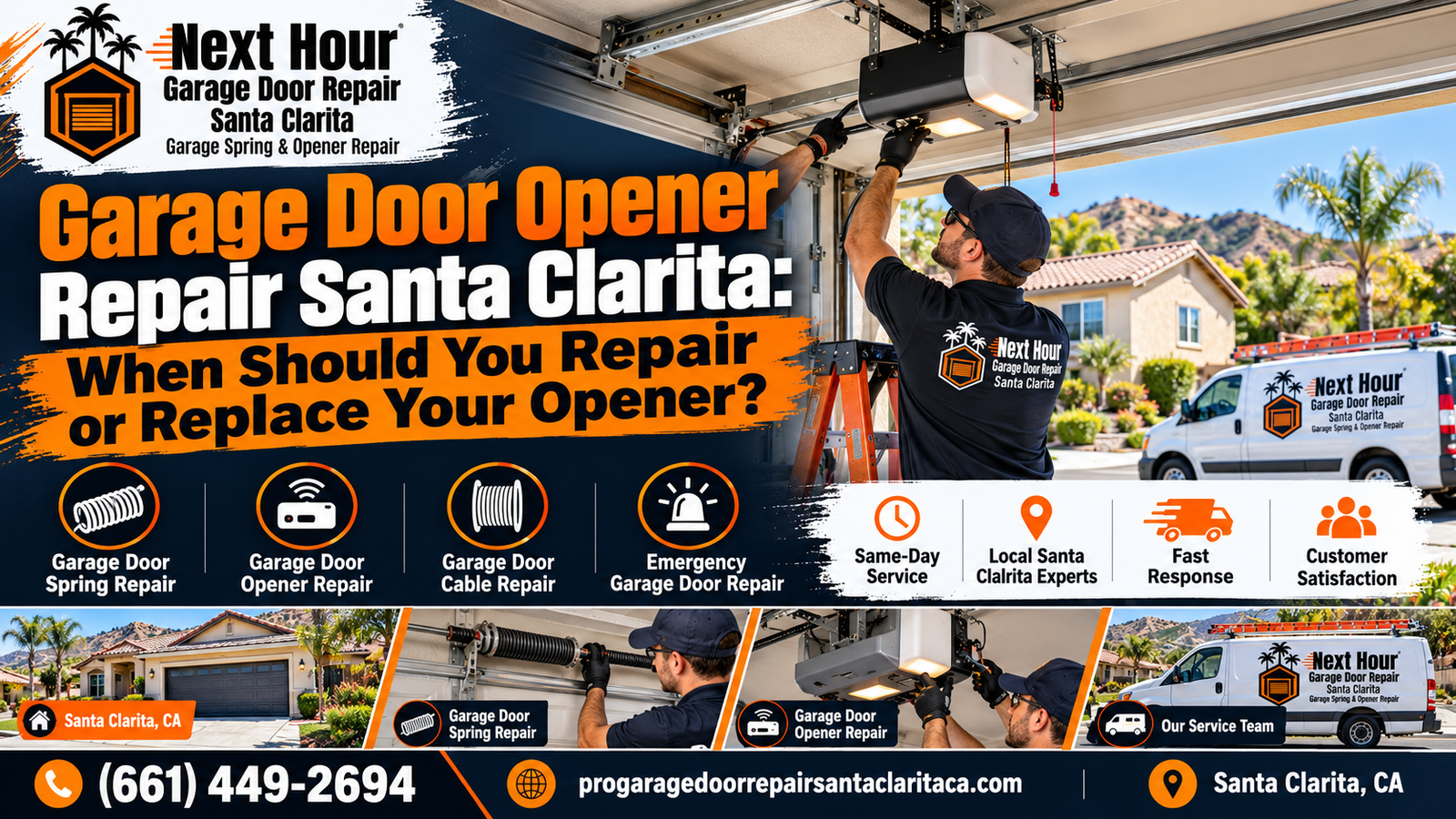 Next Hour Garage Door Repair Santa Clarita technician servicing a garage door opener motor and rail at a Santa Clarita, CA home, illustrating when to repair or replace an opener