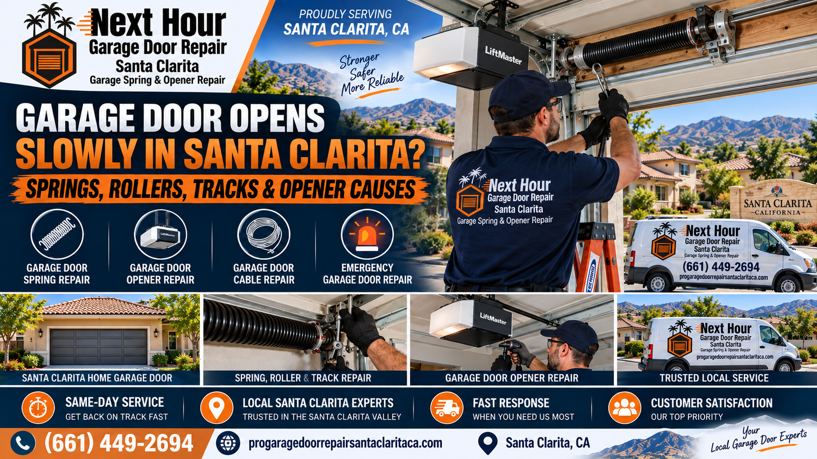 Garage door opening slowly in Santa Clarita with spring roller track and opener causes
