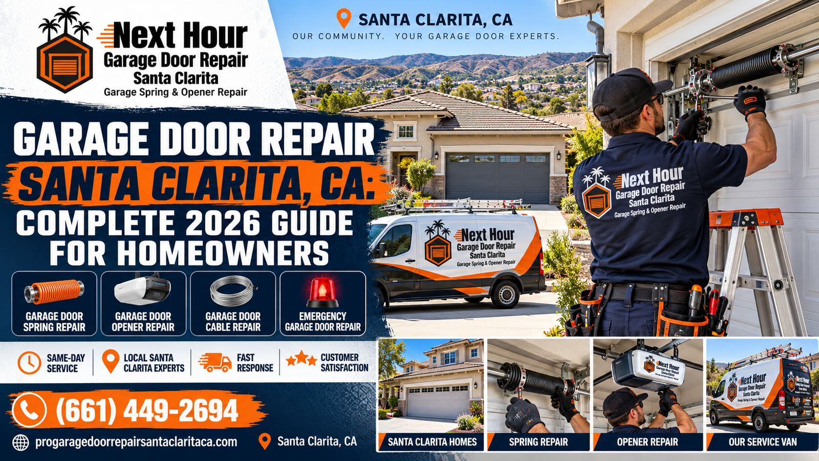 Next Hour Garage Door Repair Santa Clarita technician repairing a garage door torsion spring at a Santa Clarita, CA home, showing spring, opener, cable, and emergency garage door repair services