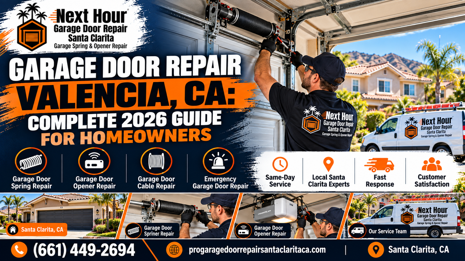 Next Hour Garage Door Repair Santa Clarita technician repairing a garage door at a Valencia, CA home, covering springs, openers, cables, and residential garage door repair