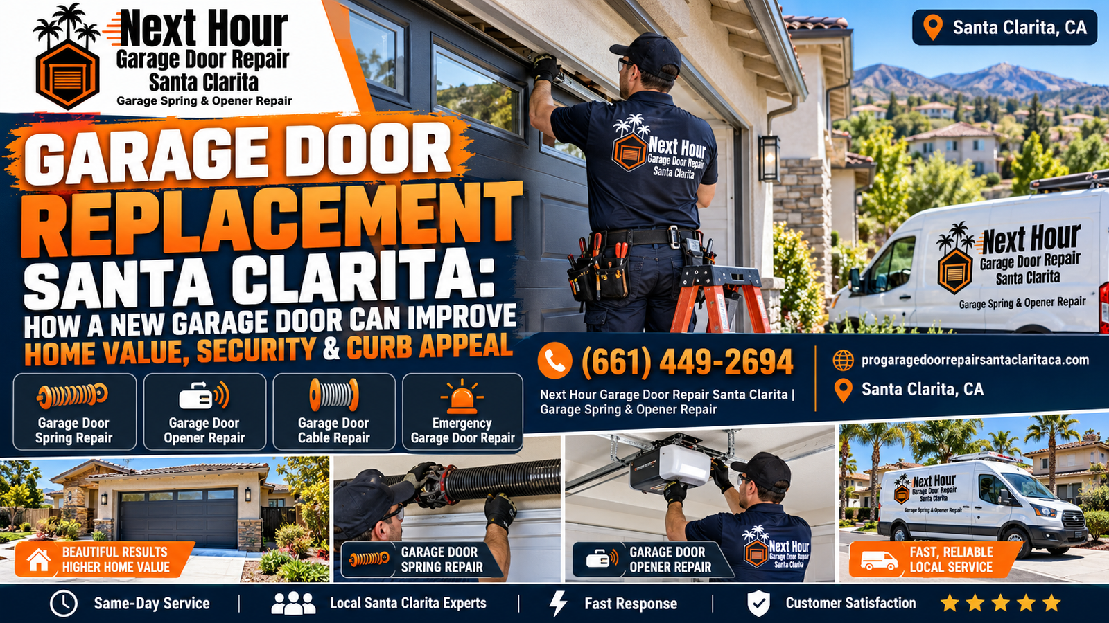 Next Hour Garage Door Repair Santa Clarita technician installing a new dark gray windowed garage door on a stucco Santa Clarita, CA home, showing how garage door replacement can improve curb appeal, security, and home value
