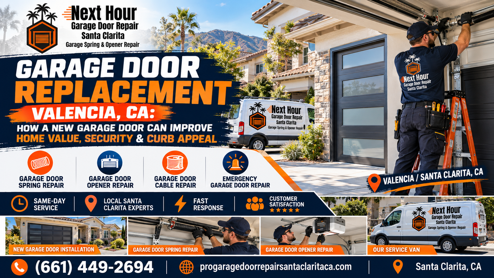 Next Hour Garage Door Repair Santa Clarita technician installing a new dark gray windowed garage door on a stucco Valencia, CA home, showing how garage door replacement can improve curb appeal, security, and home value