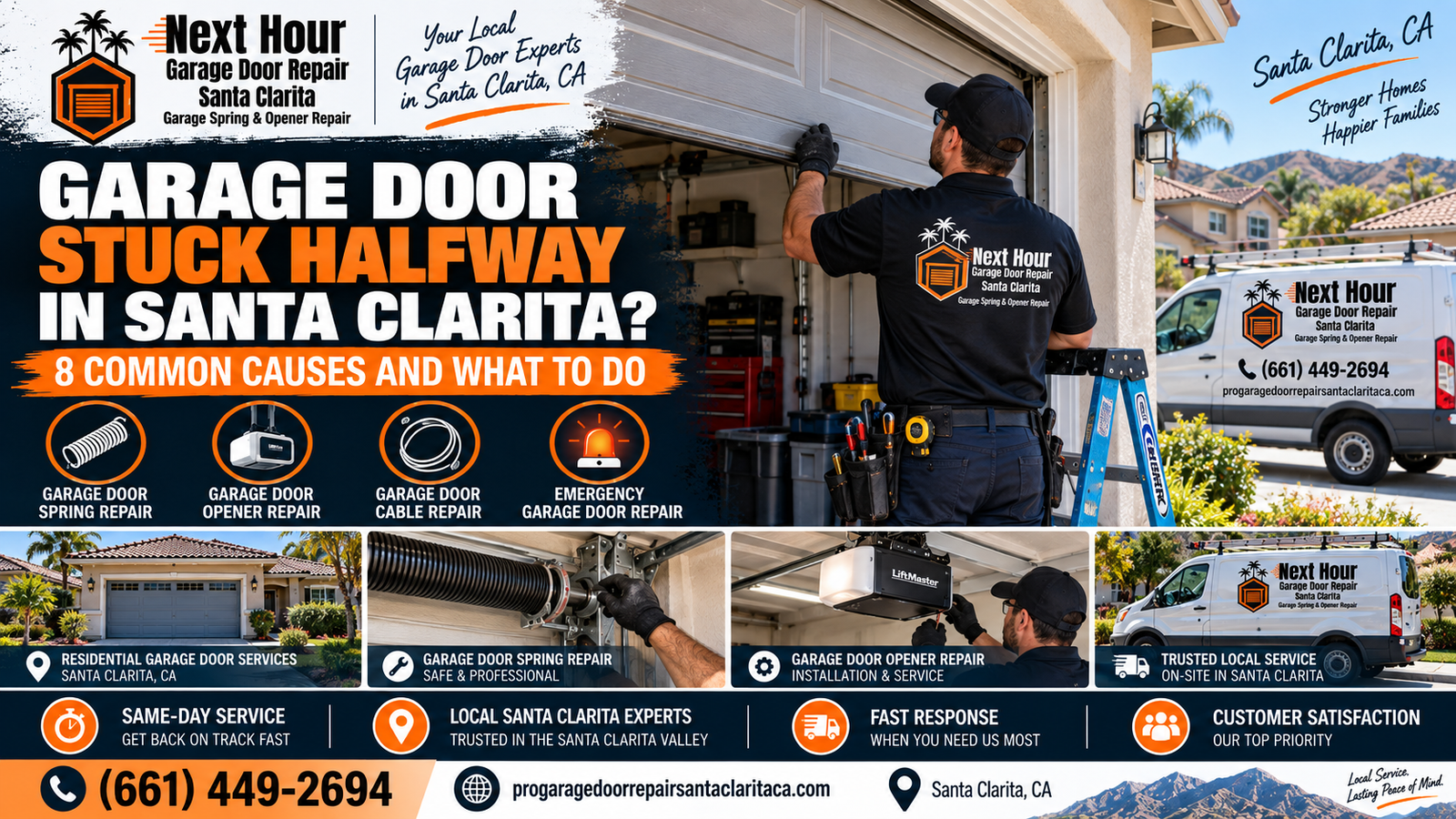 Garage door stuck halfway in Santa Clarita with spring track cable and opener causes
