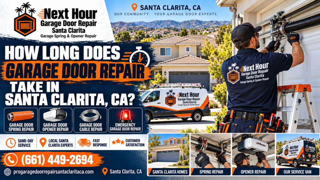 Next Hour Garage Door Repair Santa Clarita technician replacing a garage door torsion spring at a Santa Clarita, CA home, illustrating how long common garage door repairs take