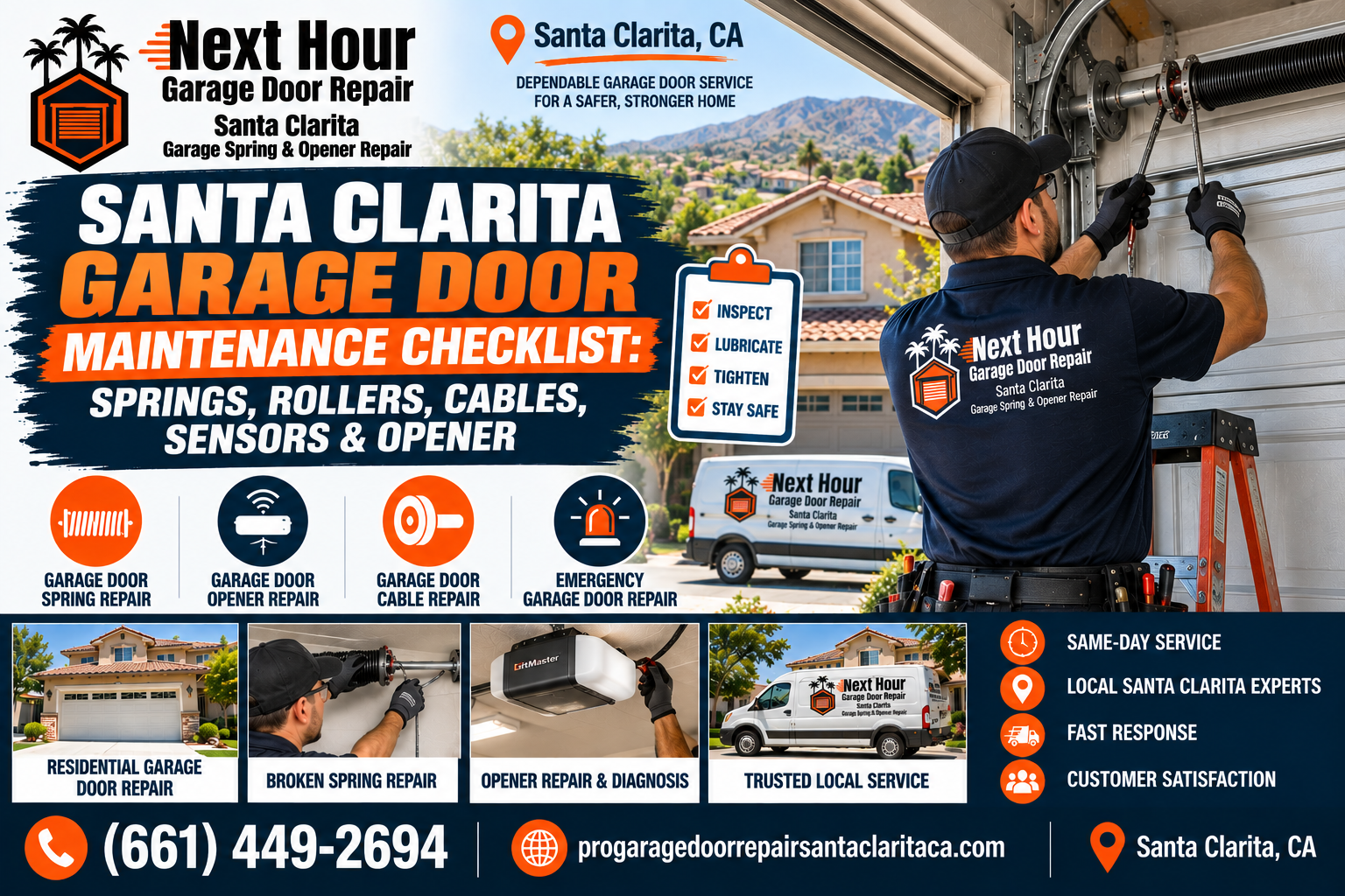 Santa Clarita garage door maintenance checklist for springs rollers cables sensors and opener