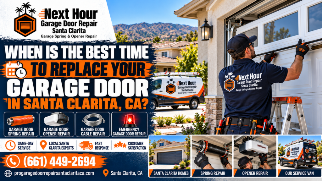 Next Hour Garage Door Repair Santa Clarita technician fitting a new white windowed garage door section at a Santa Clarita, CA home, illustrating when it makes sense to replace a garage door