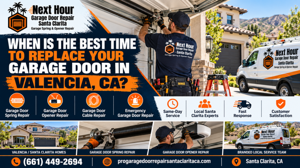 Next Hour Garage Door Repair Santa Clarita technician fitting a new white windowed garage door section at a Valencia, CA home, illustrating when it makes sense to replace a garage door