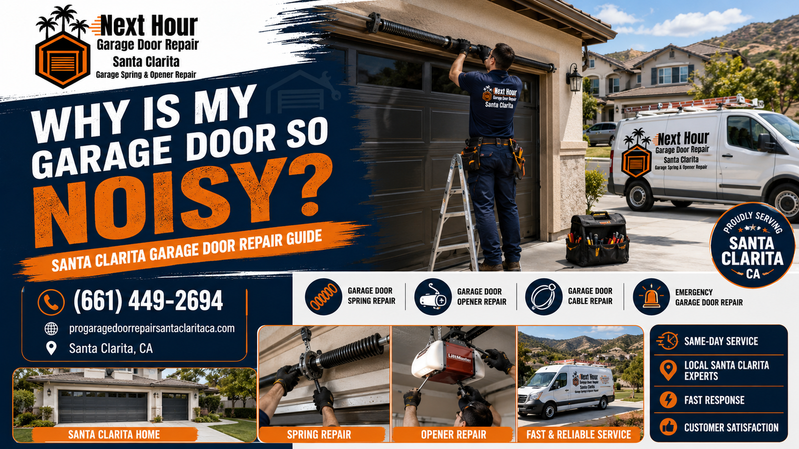 Noisy garage door in Santa Clarita repair guide explaining squeaking grinding popping and rattling causes