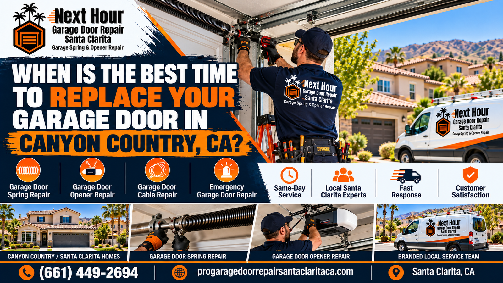 Next Hour Garage Door Repair Santa Clarita technician fitting a new garage door section at a Canyon Country, CA home, illustrating when it makes sense to replace a garage door