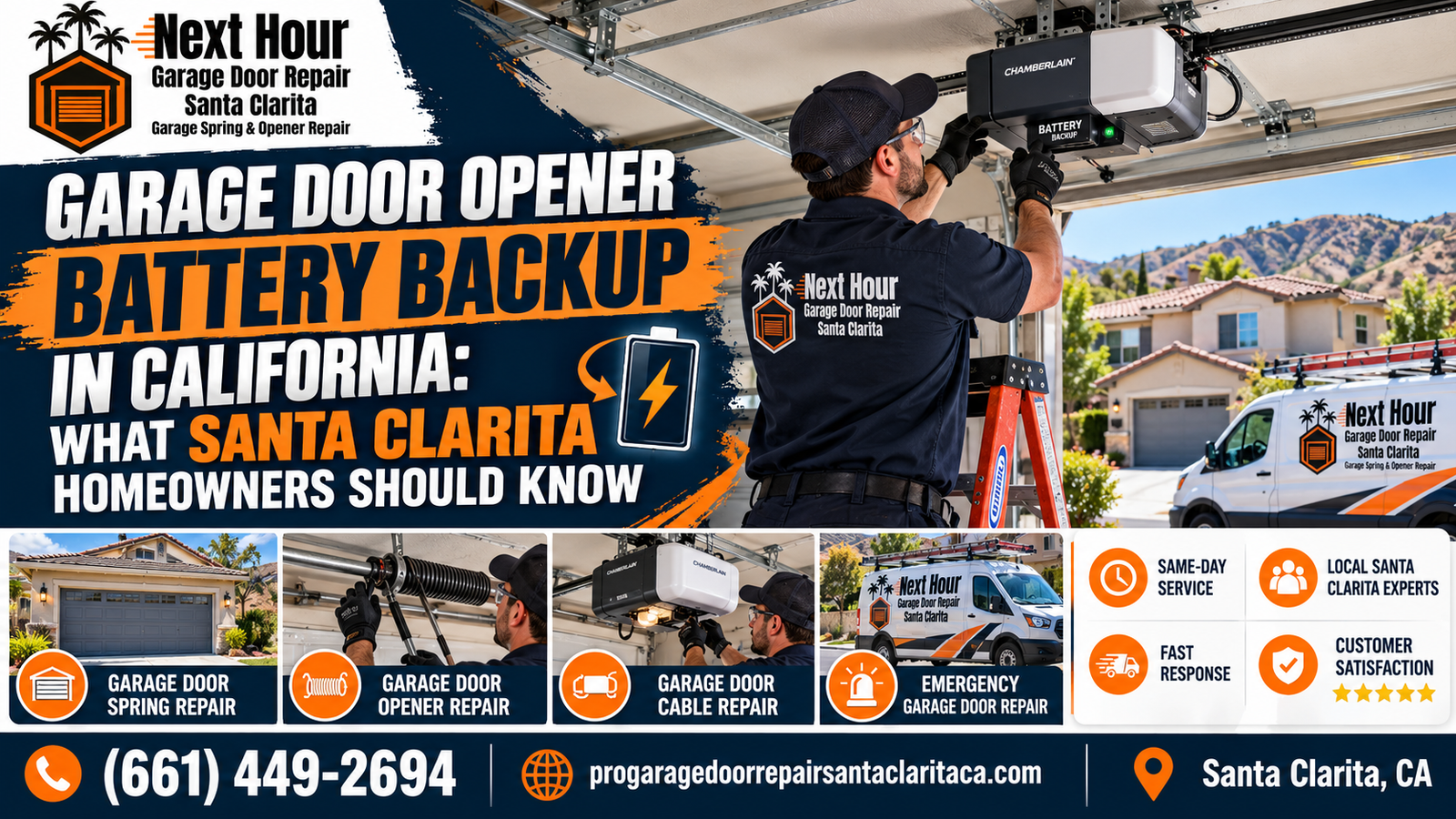 Garage door opener battery backup in California: Next Hour Garage Door Repair Santa Clarita technician servicing a battery backup opener in a Santa Clarita garage