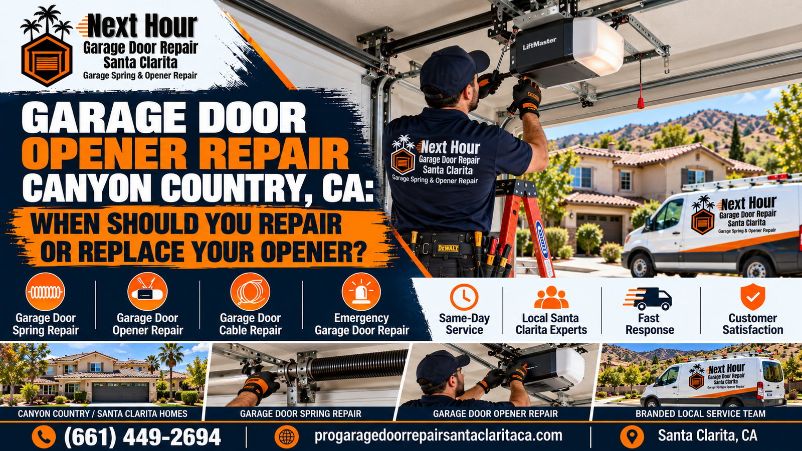 Next Hour Garage Door Repair Santa Clarita technician servicing a garage door opener motor and rail at a Canyon Country, CA home, illustrating when to repair or replace an opener