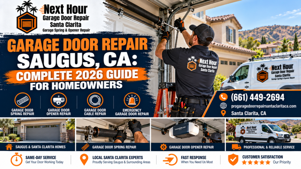 Garage door repair at a Newhall, CA home, illustrating Next Hour Garage Door Repair Santa Clarita's 2026 guide to springs, openers, cables, and older garage doors.