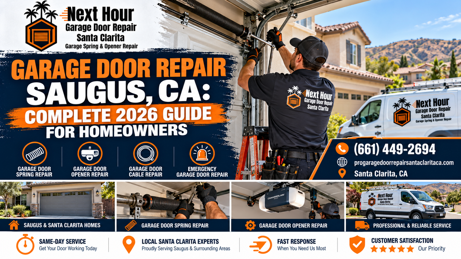 Next Hour Garage Door Repair Santa Clarita technician repairing a garage door at a Saugus, CA home, covering springs, openers, cables, and residential garage door repair