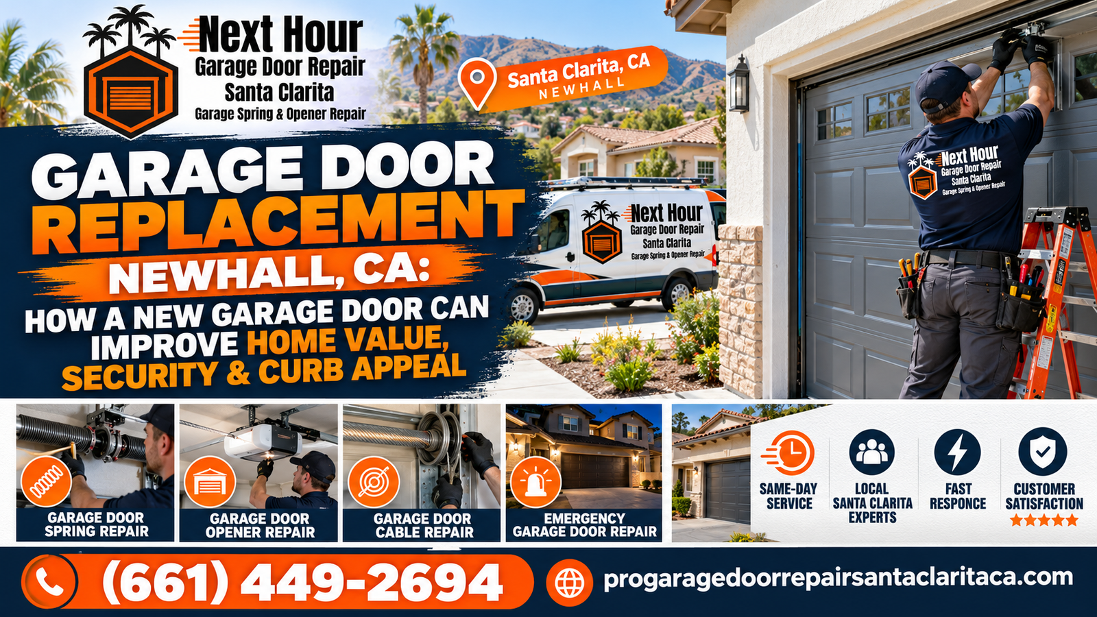 Next Hour Garage Door Repair Santa Clarita technician installing a charcoal gray carriage-style garage door with windows at a Newhall, CA home, with the company van in the driveway