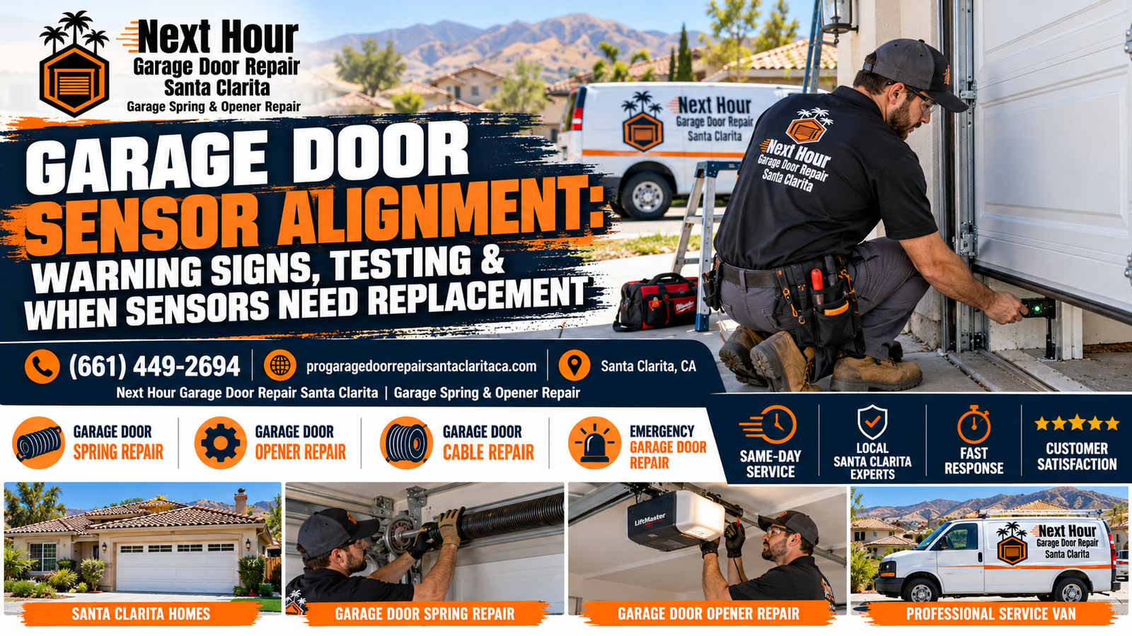 Garage door sensor alignment: Next Hour Garage Door Repair Santa Clarita technician aligning and testing garage door safety sensors