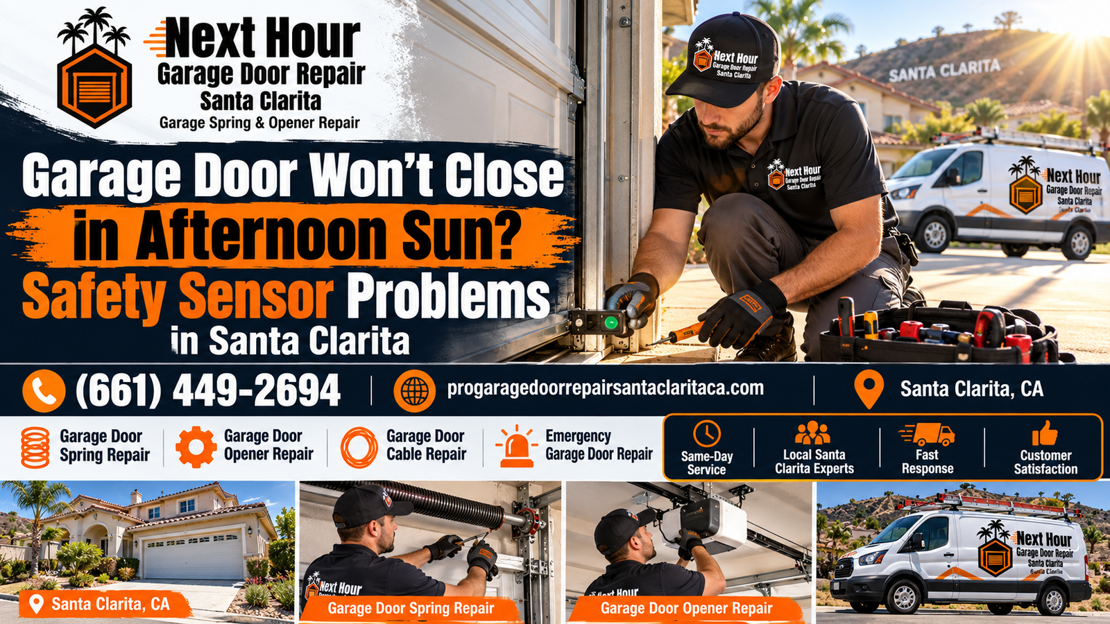 Garage door won't close in afternoon sun: Next Hour Garage Door Repair Santa Clarita technician checking a garage door safety sensor on a sunny Santa Clarita driveway