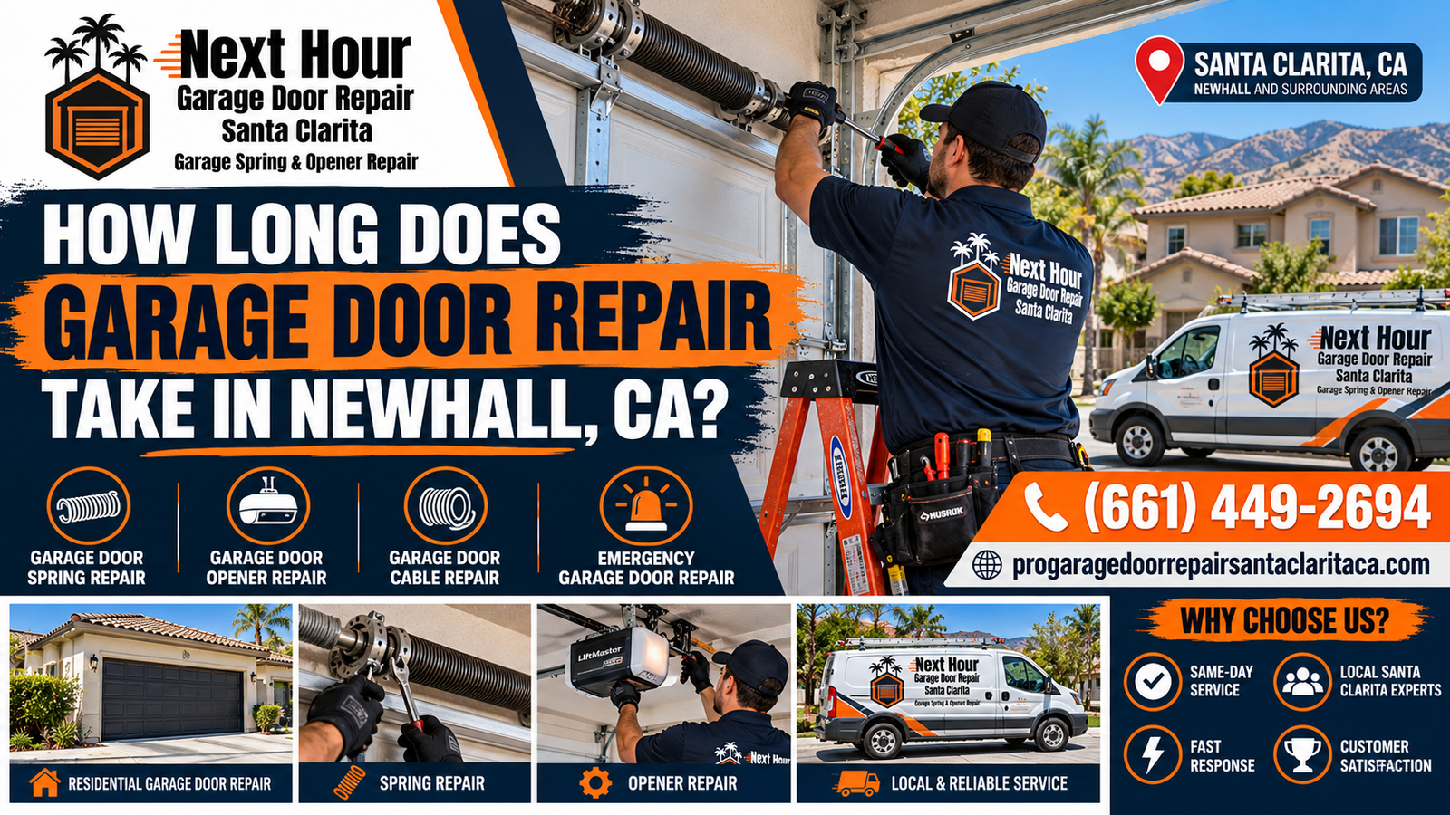Garage door repair in progress at a Newhall, CA home, illustrating how long common garage door repairs take