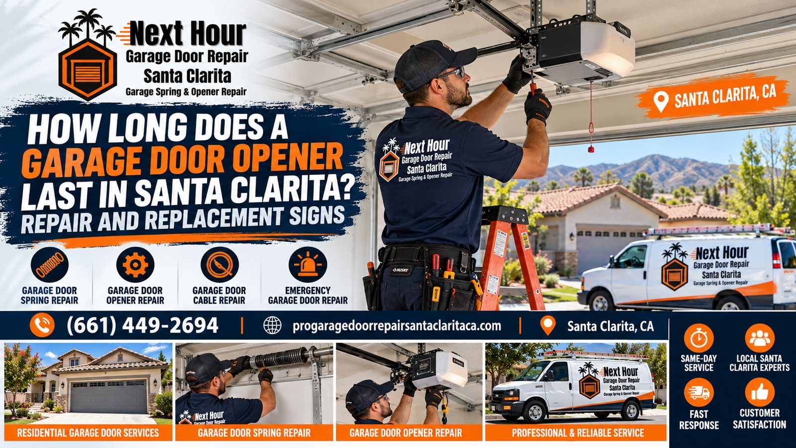 How long does a garage door opener last in Santa Clarita: Next Hour Garage Door Repair Santa Clarita technician inspecting a ceiling-mounted opener