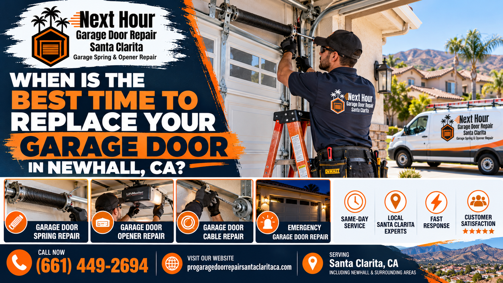Next Hour Garage Door Repair Santa Clarita technician working on the torsion spring of a white windowed garage door at a Newhall, CA home, with a company van in the driveway