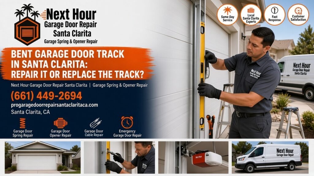 Bent garage door track in Santa Clarita: Next Hour Garage Door Repair Santa Clarita technician inspecting a dented vertical track and rollers