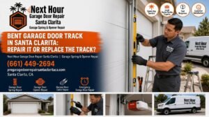 Bent garage door track in Santa Clarita: Next Hour Garage Door Repair Santa Clarita technician inspecting a dented vertical track and rollers