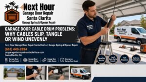 Garage door cable drum problems: Next Hour Garage Door Repair Santa Clarita technician inspecting a torsion cable drum and lift cable