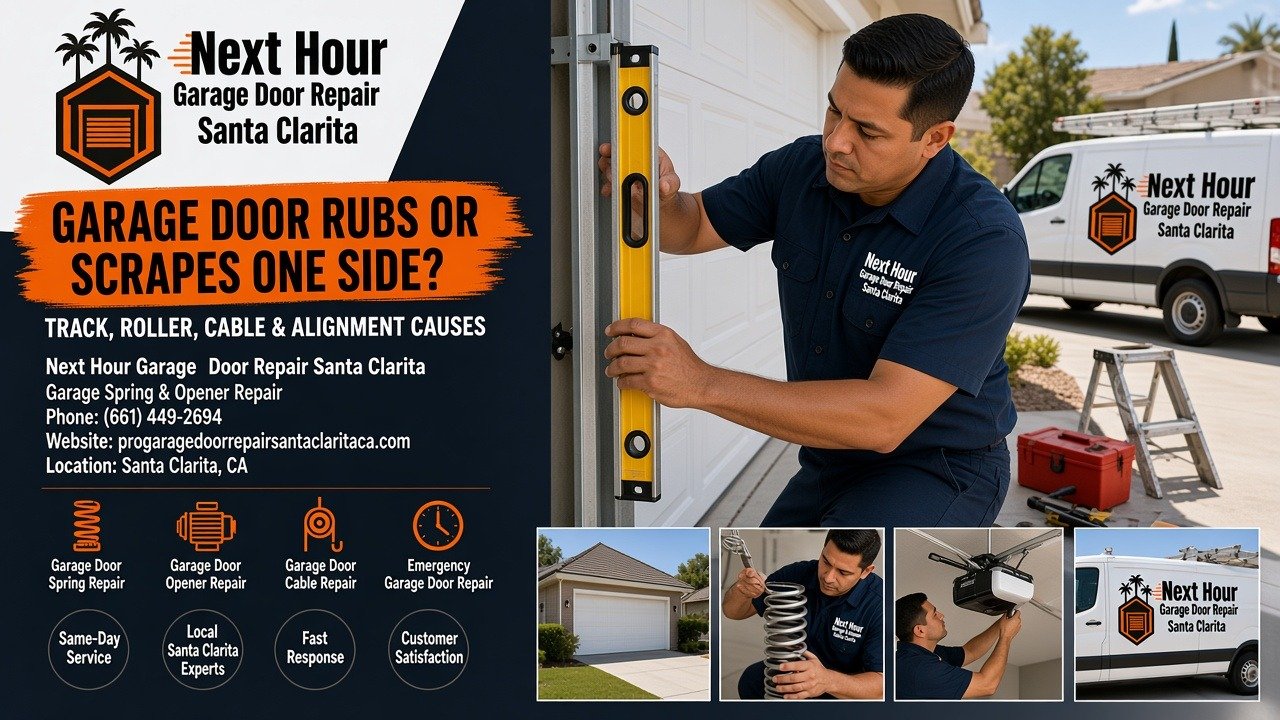 Garage door rubs or scrapes one side: Next Hour Garage Door Repair Santa Clarita technician checking vertical track alignment with a level
