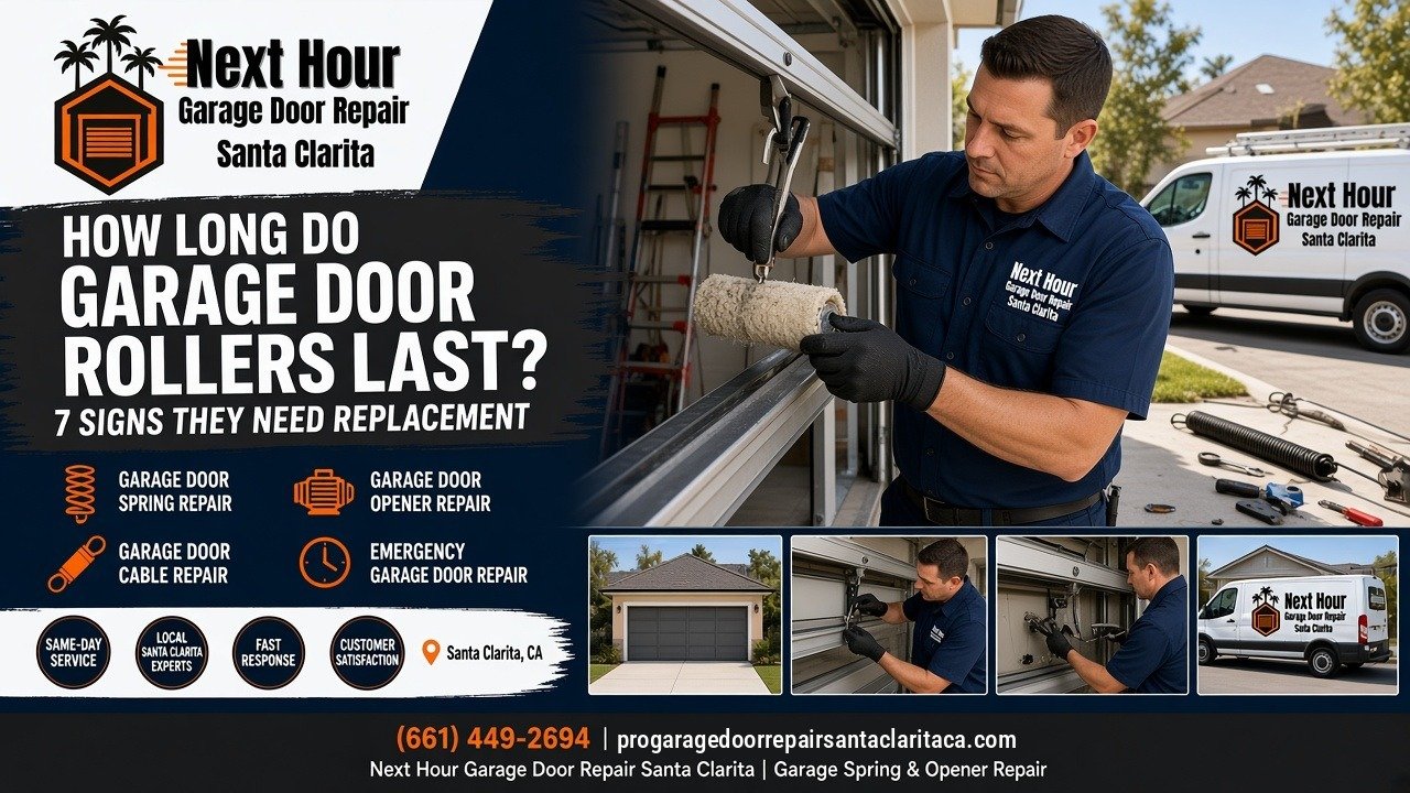 How long do garage door rollers last: Next Hour Garage Door Repair Santa Clarita technician inspecting worn rollers in a garage door track