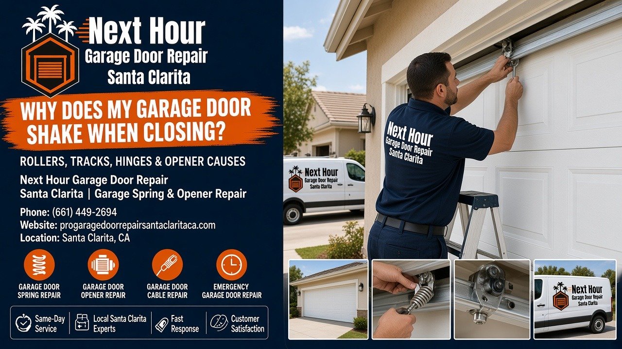 Garage door shakes when closing: Next Hour Garage Door Repair Santa Clarita technician tightening a hinge on a sectional garage door